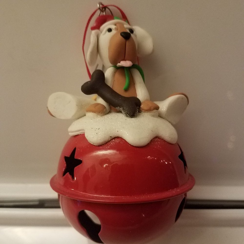 Red Jingle Bell Christmas Ornament w Ceramic Dog on top